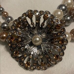 Elegant Multi-Strand Pearl Necklace with Silver Floral Pendant